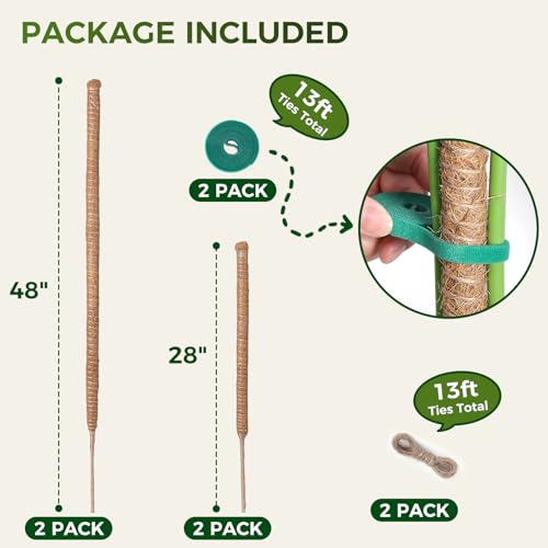 4 Pack Moss Pole Monstera Plant Support, 2 Pack 28" & 2 Pack 48" Bendable Plant Stakes Made of Real Coco Coir Support for Climbing Indoor Plants, Tall Moss Stick Trellis for Pothos & Philodendron - view 2