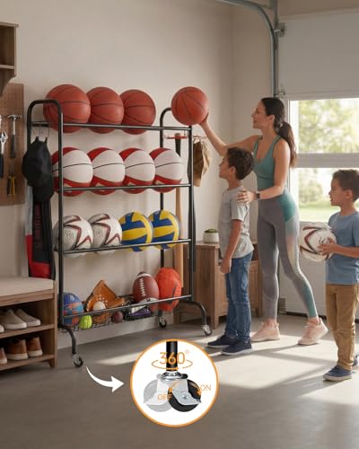 Basketball Rack with Wheels, 4 Tier Garage Ball Storage Organizer - view 6