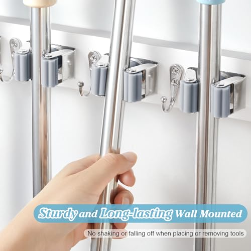 White Broom Holder Wall Mount - Heavy Duty Wood Mop and Broom Organizer with 5 Slots & 4 Hooks - Garden Tool Hanger for Laundry Room Closet Kitchen Garage Storage and Organization - Modern Home Decor - view 3