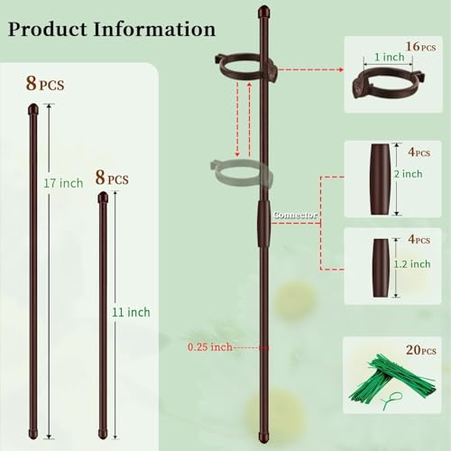 Plant Stakes 17inch &11inch 16Pcs Adjustable Flower Support Poles Orchid Sticks with Clips for Indoor Outdoor Garden Potted Tomato Rose Amaryllis Vegetables Comes with 20 Ties (Brown) - view 2