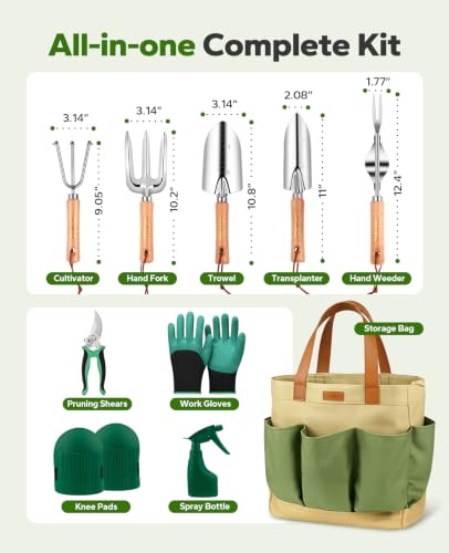 Gardening Tools Set of 10 Heavy Duty Gardening Hand Tools Stainless Steel Garden Tools with Wooden Handle, Storage Garden Bag, Gardening Gifts for Women and Men - view 2