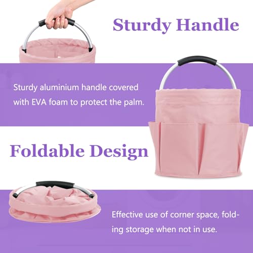 17L Portable Shower Caddy with 6 Side Pockets, Foldable Cleaning Supply Caddy with Handle, Garden Tool Bag in 600D Oxford Fabric, Multifunctional Storage Basket for Showers, Picnics, Pink - view 5