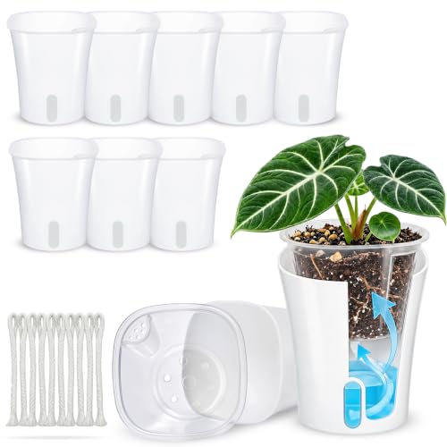 10 Pack 4" Self Watering Small White Plant Pots for Indoor Plants, Clear Inner Cup, Water Level Indicator, Drainage Holes & Wick, for Cuttings, Seedlings, Herb, African Violet, Hoya, Begonia