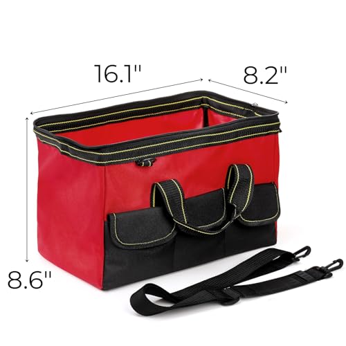 16 Inch Wide Mouth Tool Bag, Collapsible Tool Tote with Waterproof Coating and Adjustable Strap, Portable Electrician Tool Organizer Handbag with 5 Outside Pockets, Red - view 2