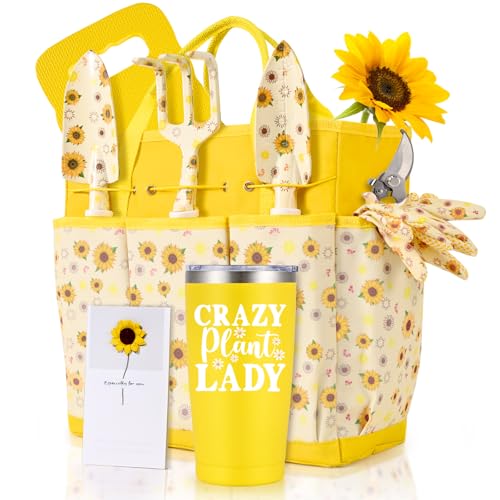 Gardening Gifts for Women, Gardening Tools for Women, 9 PCS Sunflower Garden Tools Set Kit with Garden Tool Bag, Mother's Day Birthday for Gardener Mom Grandma Aunt, Yellow