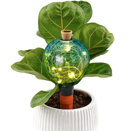 Plant Watering Globe with Solar Light, Blue Green Glass, 17 oz