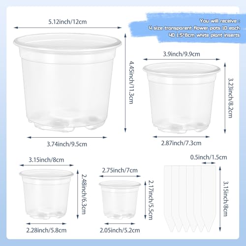40 Pack 5/4/3/2.75 Inch Clear Nursery Pots with 40 Plant Labels, Clear Plant Pots with Drainage Hole Plastic Transparent Variety Pack Garden Flower Seedling Pot Small Planter Containers - view 2