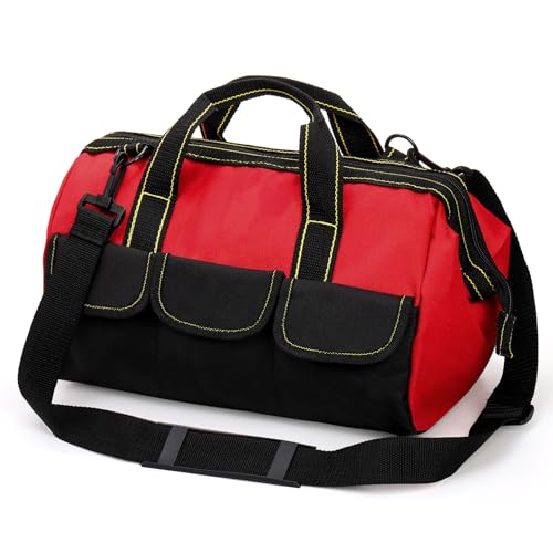 16 Inch Wide Mouth Tool Bag, Collapsible Tool Tote with Waterproof Coating and Adjustable Strap, Portable Electrician Tool Organizer Handbag with 5 Outside Pockets, Red