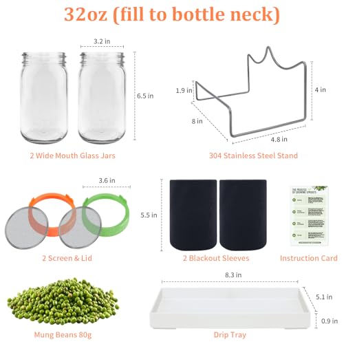 Seed Sprouting Kit with Mung Beans 80g, 2 Large Wide Mouth Mason Jars with Sprout Lids, Blackout Sleeves, Drain Tray, Stainless Steel Stand, Sprouts Growing Kit for Growing Bean Alfalfa Sprout Seeds - view 2
