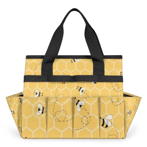 Yellow Bee Gardening Tool Bag,Heavy Duty Garden Tote Bag,Portable Oxford Gardening Storage Basket Organizer Handbag with Pockets Handle,Hand Tools Gifts for Outdoor Garden Lawn Yard