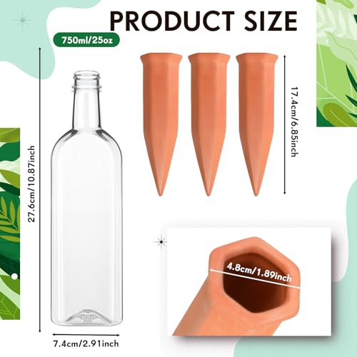 6 Sets Plant Watering Devices 6 Pcs Self Watering Spikes 6 Pcs 25 oz Plastic Bottles Slow Release Automatic Waterer Empty Liquor Bottles Terracotta Spikes for Vacation Plant (Ceramic Color) - view 2