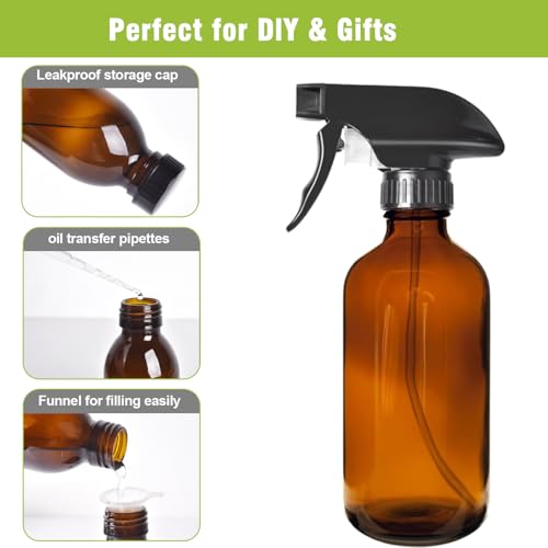 8OZ Amber Glass Spray Bottles - 2 Pack - Empty Refillable Bottle for Essential Oils, Plants, Cleaning Solutions, Hair Mister - Durable Nozzle w/Fine Mist and Stream Setting - view 4