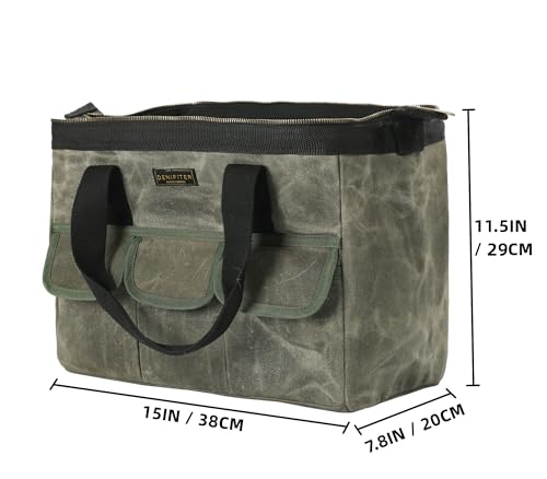 15 Inch Tool Bag, Heavy Duty Waxed Canvas Wide Mouth Water-Resistant Tool Pouch, Garden Tool Tote with 15 Pockets | ArmyGreen - view 2