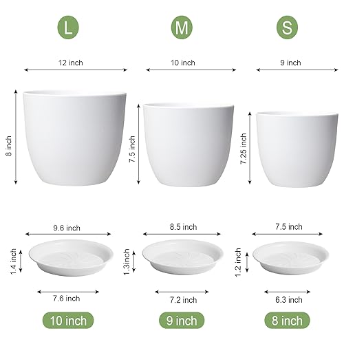 12/10/9 Large Plant Pots, Plastic Planters with Drainage Holes and Saucers for Indoor Outdoor Plants Flowers, White - view 3