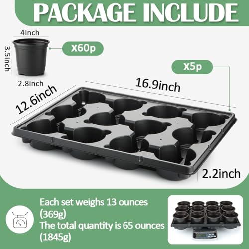 4 Inch Plastic Plant Pots 60 Pcs and 12 Cell Nursery Pots Trays 5 Pcs, Thick Sturdy Seeds Starting Germination Shuttle Carrying Trays, Black Small Planter Nursery Propagation 5 Sets - view 2
