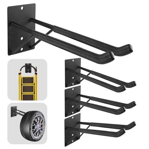 14" Large Heavy Duty Garage Hooks, Steel Garage Storage Hooks with Support Rods, Utility Wall Mount Hangers for Power Tools, Car Tires, Ladders, Chairs, Garden Tools and More (4-Pack 14" Heavy Hooks)