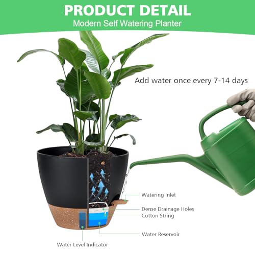12" 10" 9" 8" Self Watering Pot for Indoor Plants, Large Plastic Planters Set with Water Level Indicator Deep Reservoir Tray, Bottom Watering Big Flower Pots with Mesh Drainage Hole - Black - view 6