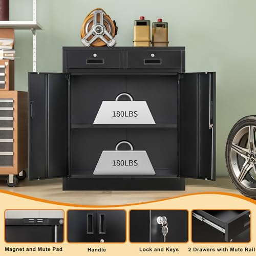 Metal Storage Cabinet, 36" H Locking Storage Cabinet with 2 Drawers and Adjustable Shelf, Metal Cabinets for Office, Garage, Home-Black - view 4