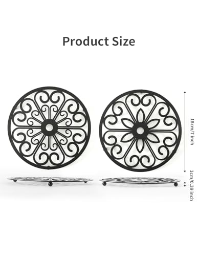 2 Pack Decorative Round Flower Trivets - 7 Inch Iron Pot Pads, Black Elegant Kitchen and Dining Table Protector, Teapot Stands Holders, Metal Plant Holder for Desktop Potted Plant、Small Green Plants - view 2