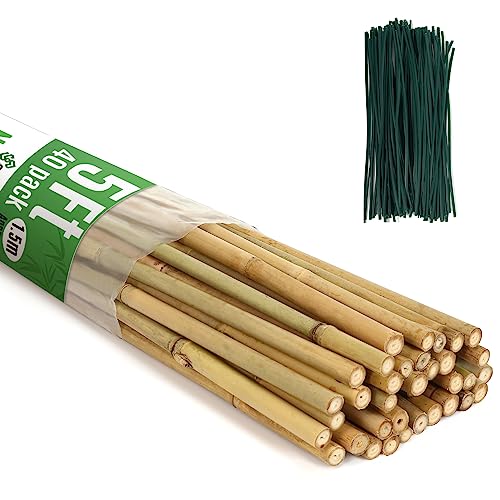 40 Pack Bamboo Stakes for Plant 5 Feet(57.5inch), Bamboo Sticks Plant Support Garden Stakes Poles with 200pcs Twist Ties for Tomatoes, Beans, Potted Plants, Indoor and Outdoor Climbing Plants