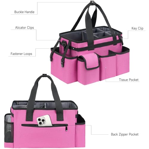 Cleaning Caddy,Cleaning Bag for Housekeepers,Cleaning Supplies Organizer with Handle,Rose Red - view 3