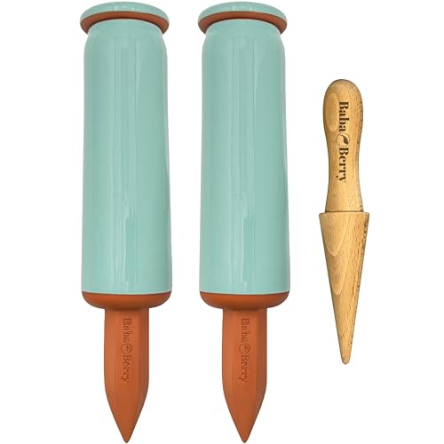 Terracotta Watering Spikes 2 Pack 17.5oz Capacity Plant Watering Devices Self Watering Spikes Large Plant Watering Globes Self Watering Planter Insert AcquaTerra with Root Dibber Installer