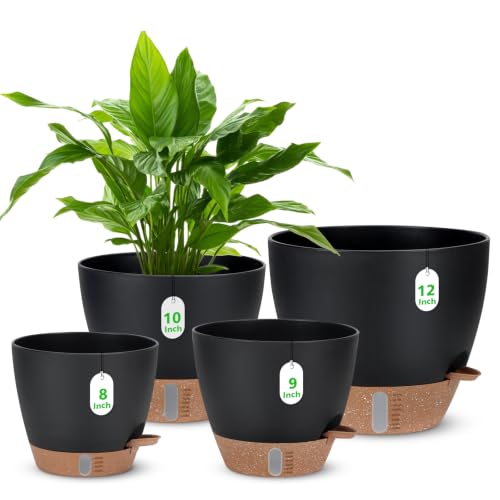 12" 10" 9" 8" Self Watering Pot for Indoor Plants, Large Plastic Planters Set with Water Level Indicator Deep Reservoir Tray, Bottom Watering Big Flower Pots with Mesh Drainage Hole - Black