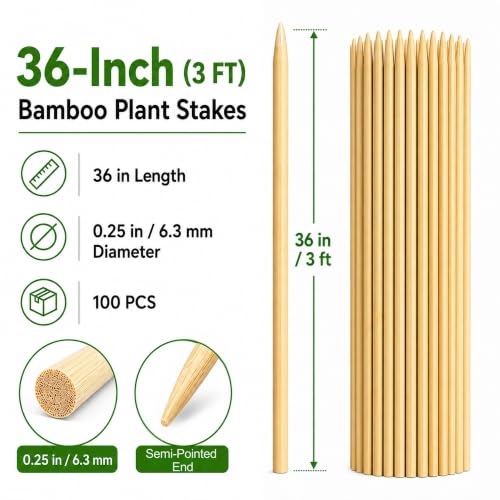 100 PCS 3FT Bamboo Plant Stakes, 6.3mm Thick Bamboo Stakes - view 2