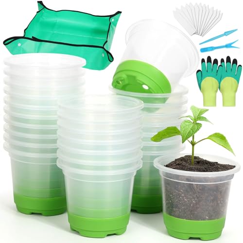 57PCS Reusable Seed Starter Kit Includes 26 Packs 4" Clear Nursery Pots with Silicone Base, Repotting Mat, Gardening Gloves, Plant Labels and Seedling Tools for Easy Transplant