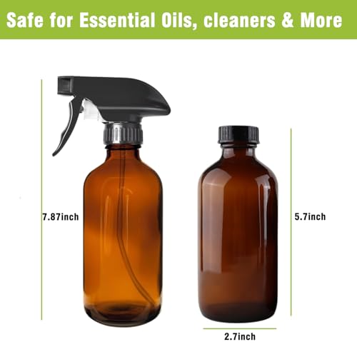 8OZ Amber Glass Spray Bottles - 2 Pack - Empty Refillable Bottle for Essential Oils, Plants, Cleaning Solutions, Hair Mister - Durable Nozzle w/Fine Mist and Stream Setting - view 5