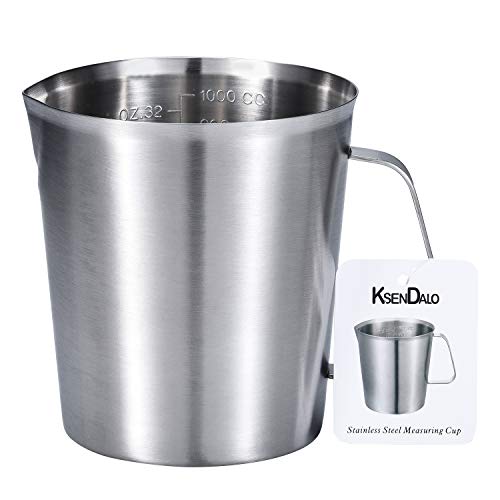 32Oz/4Cup Stainless Steel Pitcher (SUS304), 1 Liter Metal Container for Water, Milk, Liquid with Handle with Engraved Markings, Silver