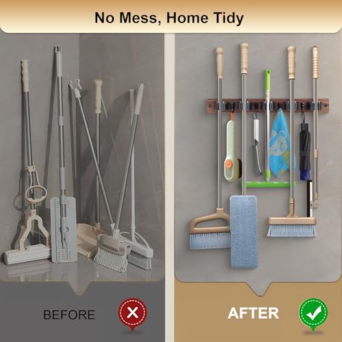 Broom Holder Wall Mount With 5 Slots & 4 Hooks，Rustic Wood Broom & Mop Hanger，Wall Mounted Garden & Garage Tool Storage Organizer Rack for Closet Laundry Room or Kitchen Wall Decor - view 4