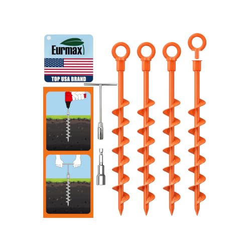 USA 4-Pack Screw in Ground Anchors,Detachable Spiral Tent Stakes,Heavy Duty Rust Proof Metal Trampoline Anchors with Drill Bit Adapter&T-Handle Tool for Canopy,Tent,Trampoline,Swing Set(Orange)
