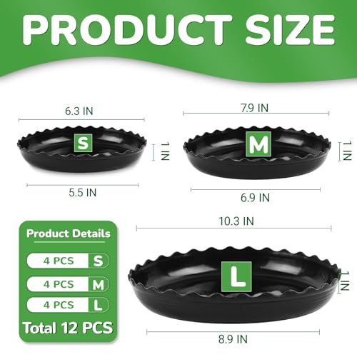 12 Packs Wave Plant Saucer - Plastic Flower Pot Drip Trays/Durable Heavy Duty Black Plant Tray for Indoor and Out Door Plant(6/8/10 inch) - view 2