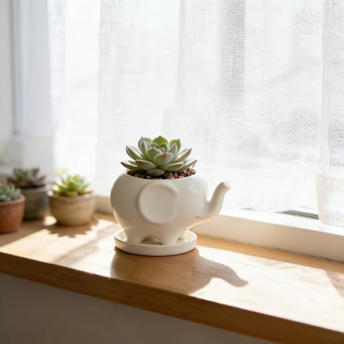 White Elephant Succulent Planter, 4 Inch Ceramic Plant Pot with Drainage Hole & Tray, Small Animal Flower Pot for Indoor Tabletop Decor, Plant Lover Gift for Home Office - view 3