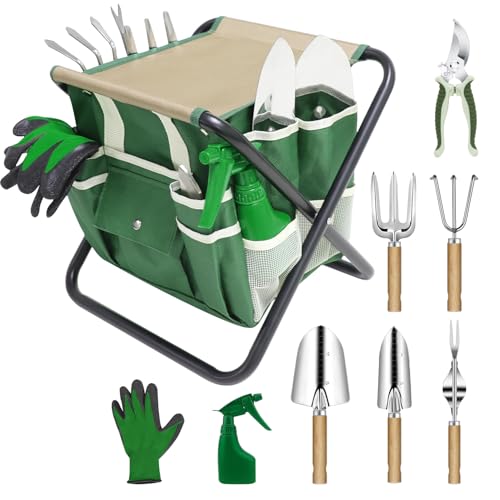 Garden Tool Set, 10 Piece Kit with Heavy Duty Folding Stool, Detachable Storage Tote Bag, Stainless Steel Tools, Gardening Gift for Women Green