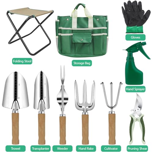 Garden Tool Set,10 Pieces Heavy Duty Gardenting Tool Kit, Folding Stool with Detachable Tote Bag, Thicker Stainless Steel Tools (Trans-Planter,Trowel,Weeder etc.) for Women Men - view 2