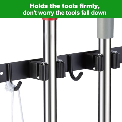 2 Racks and 3 Hooks Mop and Broom Holder Wall Mount, Self Adhesive Heavy Duty Broom Organizer Storage Tool Racks for Kitchen Garden Laundry Garage - view 4