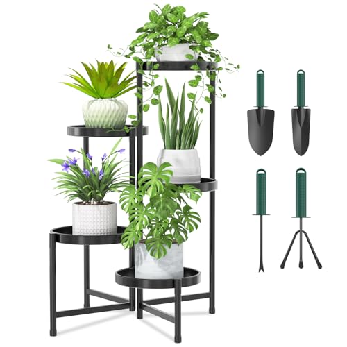 5 Tier Large Plant Stand with Garden Tools, 10 Inch Tray, Black