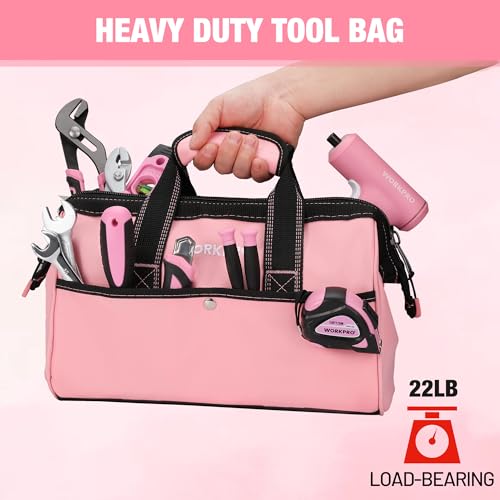 13-Inch Tool Bag, Pink Soft Cloth Tool Storage Bags, Wide Mouth Tool Tote Bag with Inside Pockets - Pink Ribbon - view 4