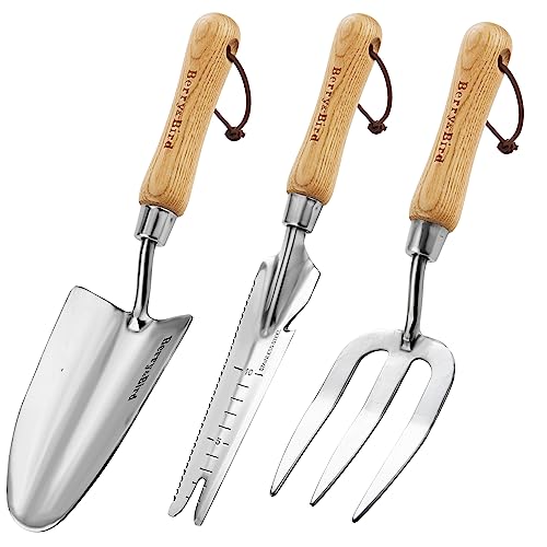 Gardening Hand Tool Set - 3PCS Stainless Steel Garden Tool Kit Multifunctional Tool with Wooden Handle Trowel, Fork & Weeder for Weeding Planting Transplant, Ideal Garden Gift for Women&Men