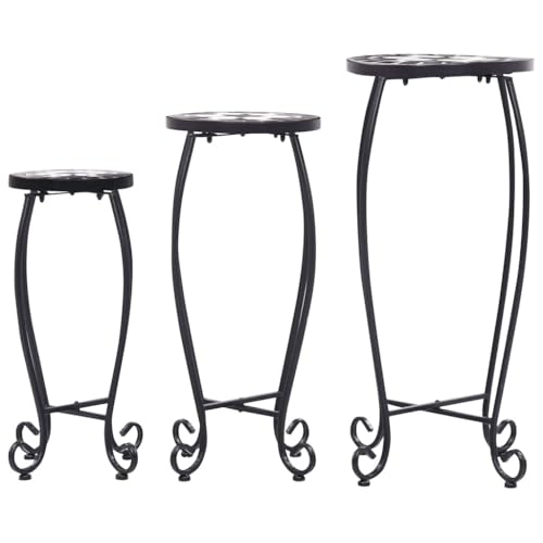 3 Piece Mosaic Table Set, Black and White Ceramic Tile Side Tables with Powder-Coated Iron Frame, Nesting Accent Plant Stands for Garden, Balcony, and Patio - view 4