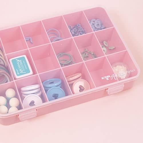 Organizer Box with 17 Compartments for Cardmaking, Scrapbooking and Craft Materials | Dimensions 26.5 x 17.8 x 4.2 cm (10.4“ x 7” x 1.65") -Transparent and Pink Color - view 3