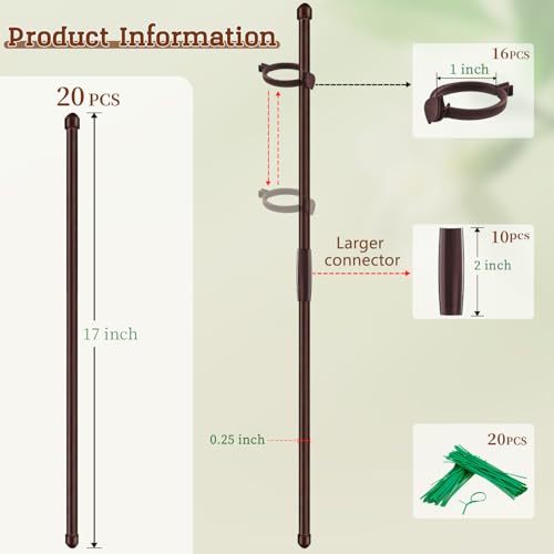 20Pcs Plant Support Stakes 17 inch Garden Orchid Sticks Extended to 3ft 4ft 5ft Plant Poles with Clips for Indoor Outdoor Potted Tomato Rose Amaryllis Vegetables Comes with 20 Ties(Brown) - view 2