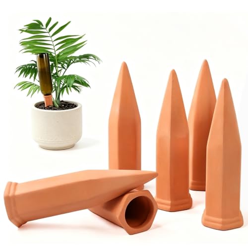 Terracotta Watering Stakes for Plants, Slow-Release Plant Watering Spikes, Bottle-Fed Self-Watering Devices for Indoor and Outdoor Plants, Vacation Plant Care, 6 Pack