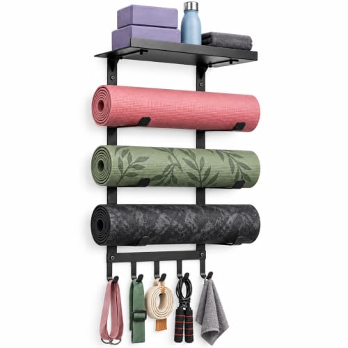 Home Gym Equipment Organizer, Yoga Mat Holder Wall Mount, Yoga Mat Storage Rack with Floating Shelf, 4 Tier Workout Equipment Storage for Foam Roller, Yoga Blocks, Resistance Bands Gym Accessories