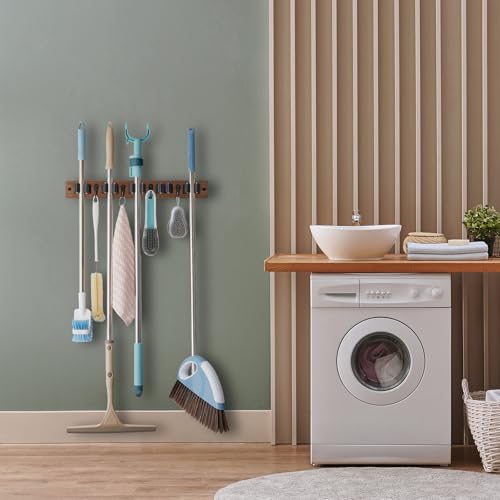 Mop and Broom Holder Wall Mount - Wood Broom Mop Hanger - Wall Mounted Garden Tool Rack Organizer for Closet Garage Laundry Room for Rustic Kitchen Decor With 5 Slots & 4 Hooks - view 2