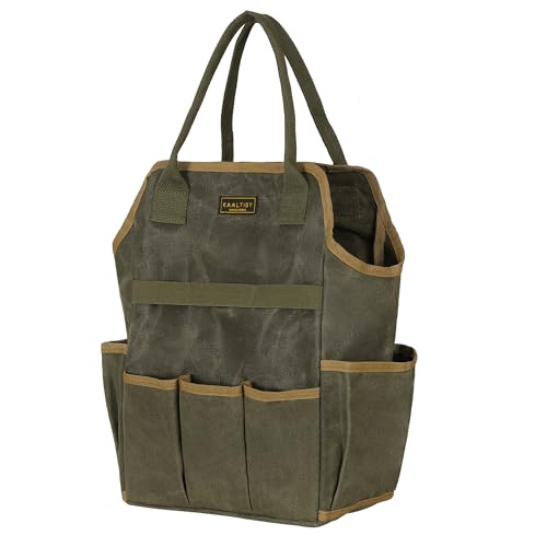 Tool Bag, Heavy Duty 16oz Waxed Canvas Garden Tool Tote - with 3 Inner Slots & 8 Outer Pockets, Multi-Purpose Gardening Tool Storage Bag for Gardener Florist Workshop - Army Green