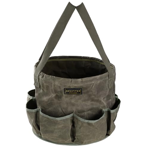 Professional 16oz Waxed Canvas Garden Tool Tote - Extra Large Waterproof Storage with 8 Pockets & Reinforced Base | Durable Carrying Case for Gardening, Landscaping & Outdoor Work