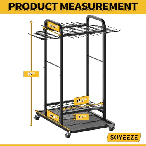 Garden Tool Organizer with Lockable Wheels, Heavy Duty 3-Tier Yard Tower Tool Rack for Garage, Holds Up to 35 Long-Handled Tools, Garden Tool Cart with 12 Hooks for Tool Organization Storage - view 3